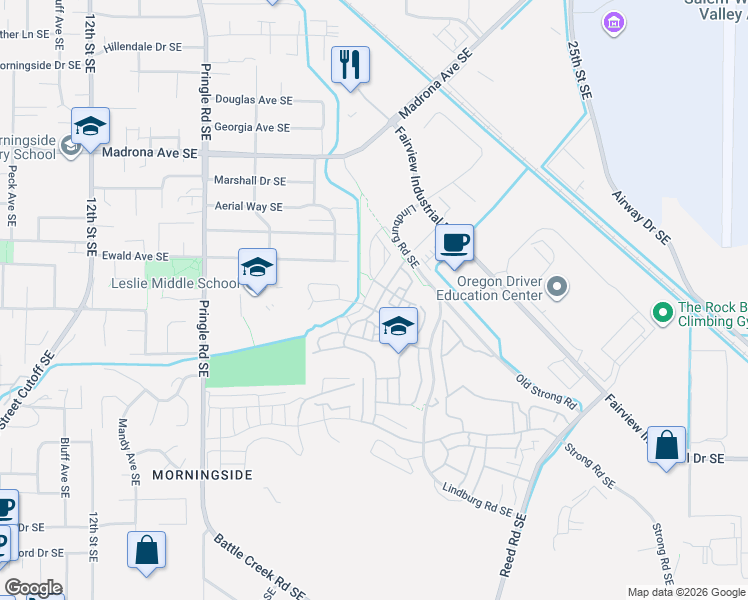 map of restaurants, bars, coffee shops, grocery stores, and more near 3771 Village Center Drive Southeast in Salem