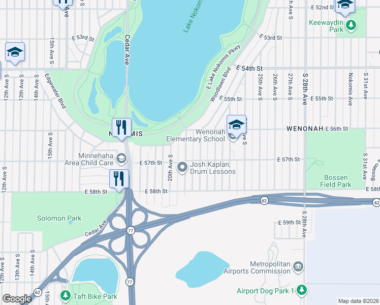 map of restaurants, bars, coffee shops, grocery stores, and more near 5620 22nd Avenue South in Minneapolis