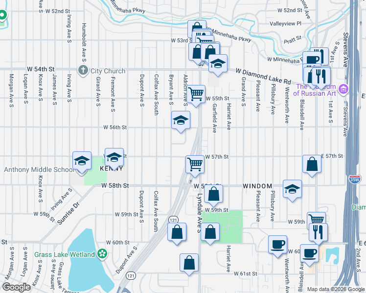 map of restaurants, bars, coffee shops, grocery stores, and more near 5609 Aldrich Avenue South in Minneapolis