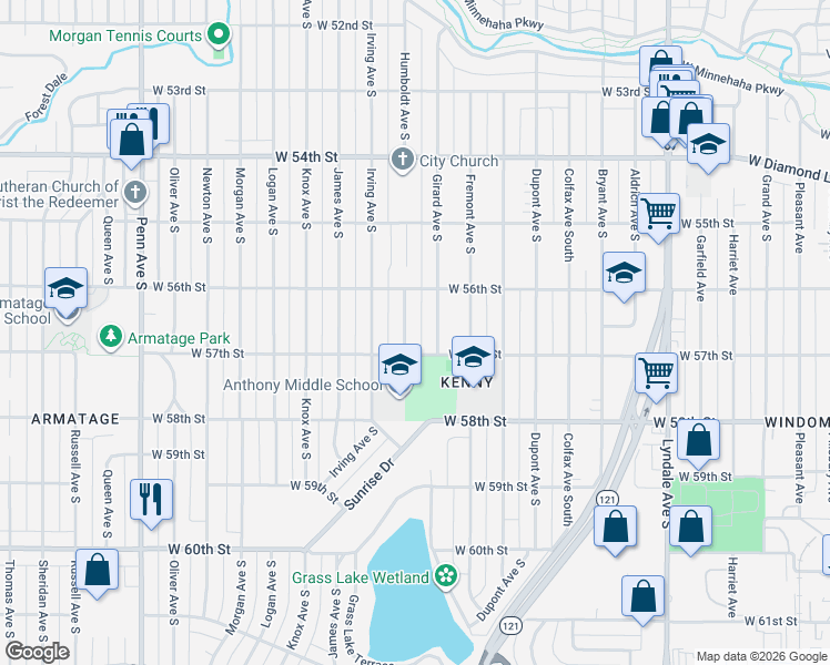 map of restaurants, bars, coffee shops, grocery stores, and more near 5616 Humboldt Avenue South in Minneapolis
