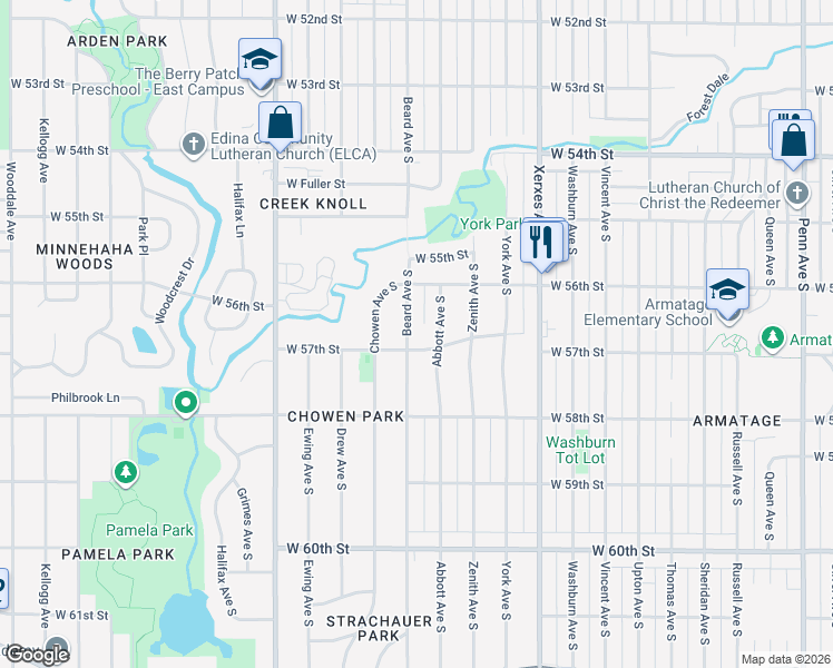 map of restaurants, bars, coffee shops, grocery stores, and more near 5608 Beard Avenue South in Edina