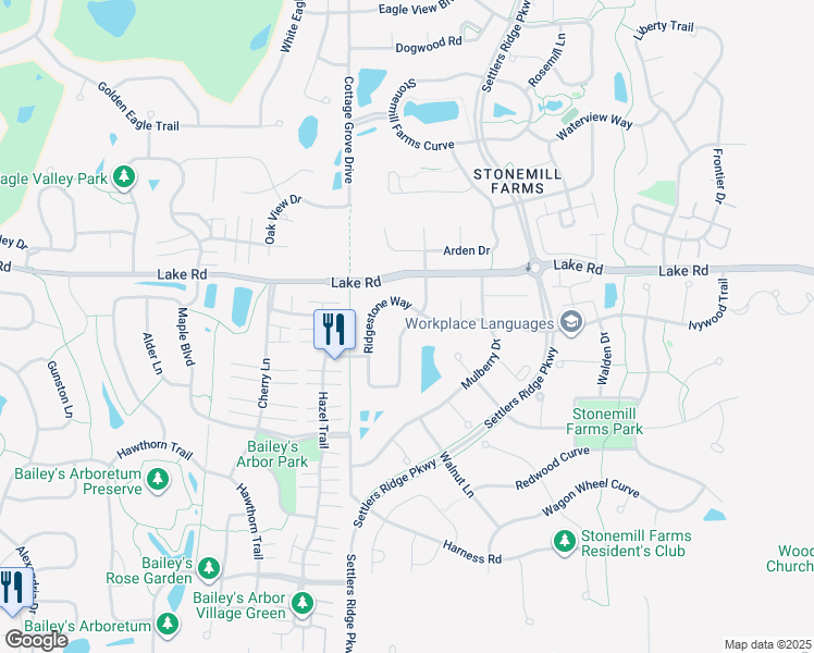 map of restaurants, bars, coffee shops, grocery stores, and more near Ridgestone Way in Woodbury
