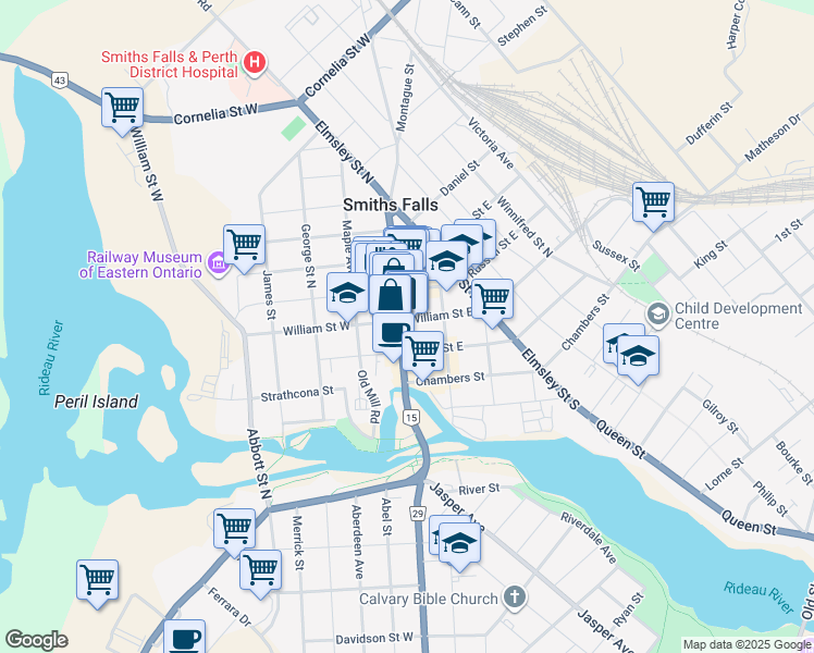 map of restaurants, bars, coffee shops, grocery stores, and more near 25 Beckwith Street North in Smiths Falls