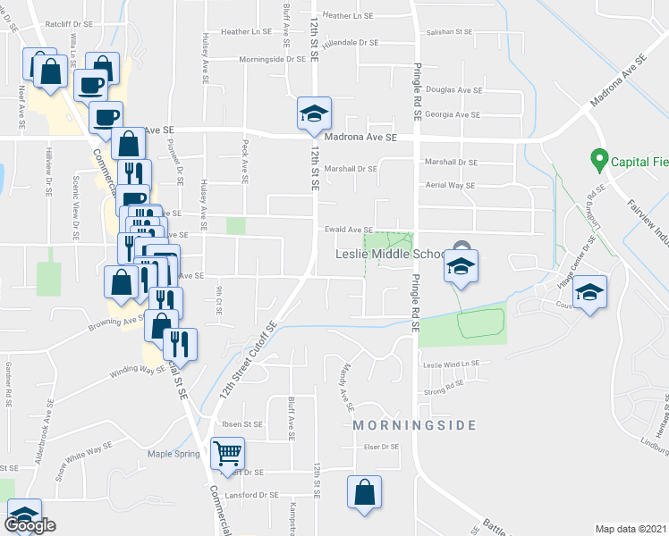 map of restaurants, bars, coffee shops, grocery stores, and more near 1237 Oakhill Avenue Southeast in Salem