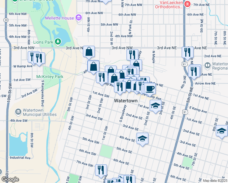 map of restaurants, bars, coffee shops, grocery stores, and more near 17 1st Street Southwest in Watertown