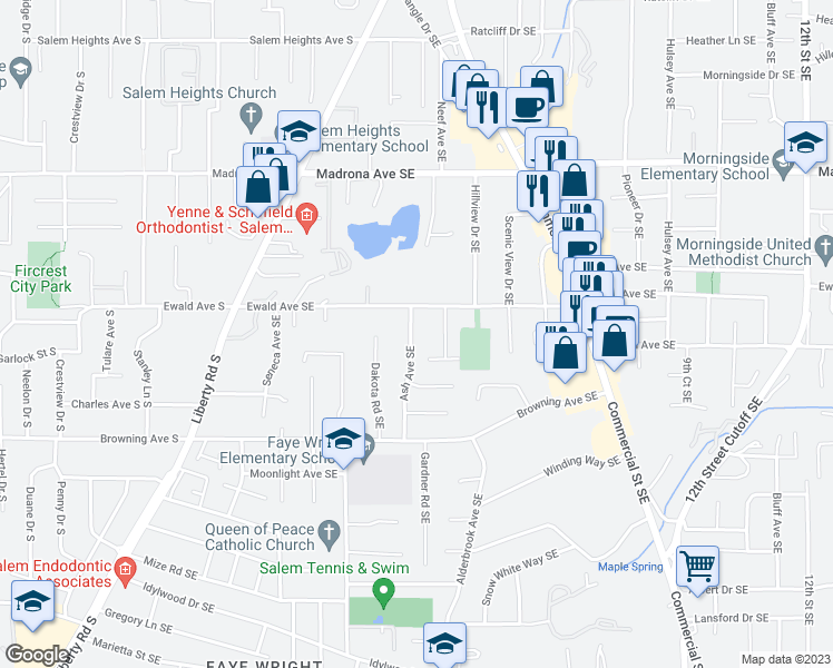 map of restaurants, bars, coffee shops, grocery stores, and more near 3844 Ash Avenue Southeast in Salem