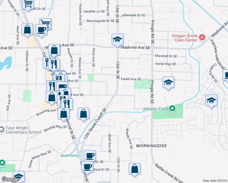 map of restaurants, bars, coffee shops, grocery stores, and more near 3837 12th Street Southeast in Salem
