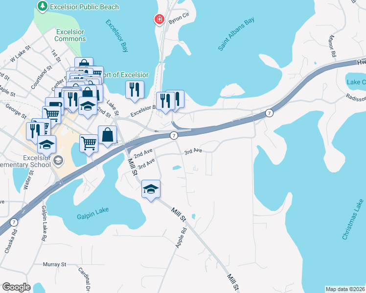 map of restaurants, bars, coffee shops, grocery stores, and more near 411 Division Street in Excelsior