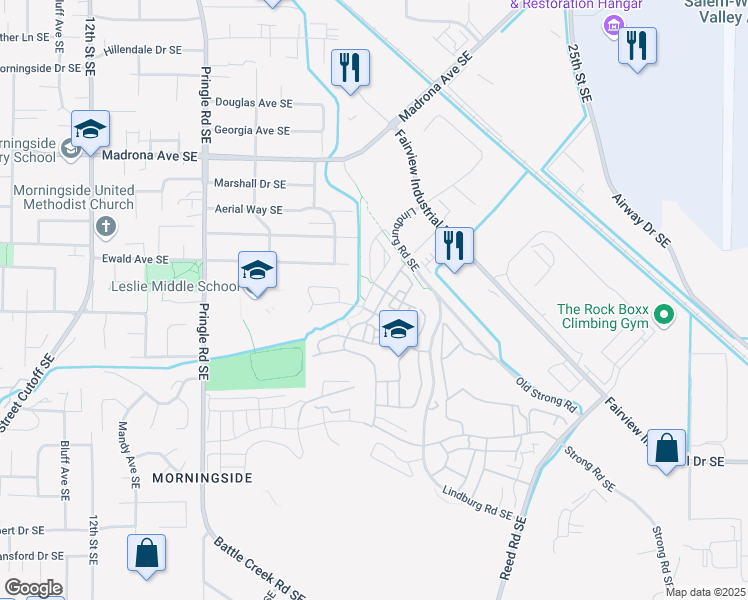 map of restaurants, bars, coffee shops, grocery stores, and more near 3771 Village Center Drive Southeast in Salem