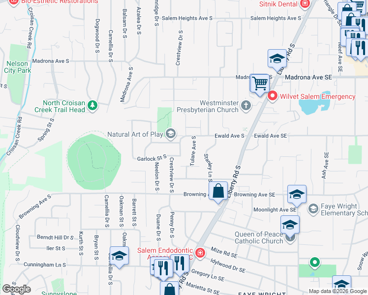 map of restaurants, bars, coffee shops, grocery stores, and more near 3810 Crestview Drive South in Salem