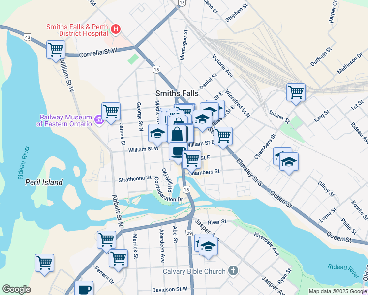 map of restaurants, bars, coffee shops, grocery stores, and more near 4 Russell Street East in Smiths Falls