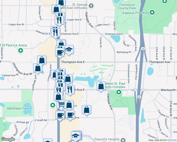 map of restaurants, bars, coffee shops, grocery stores, and more near 228 Thompson Avenue East in Saint Paul