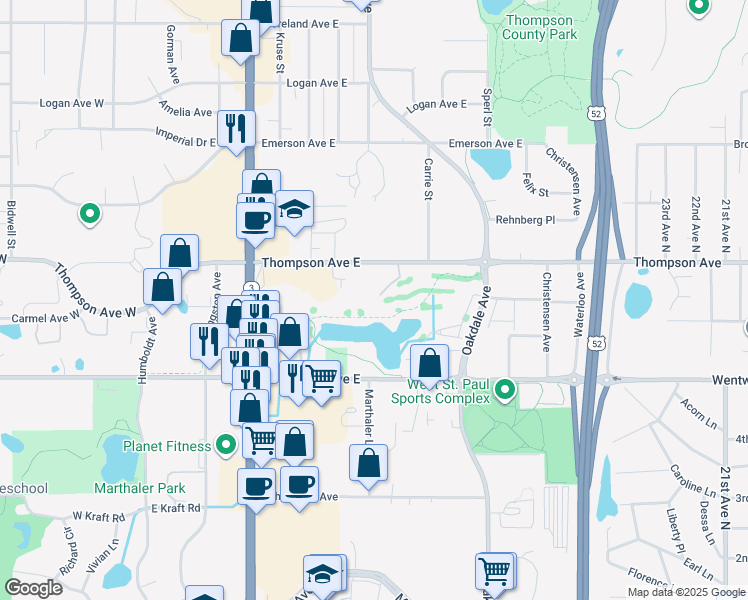 map of restaurants, bars, coffee shops, grocery stores, and more near 228 Thompson Avenue East in Saint Paul