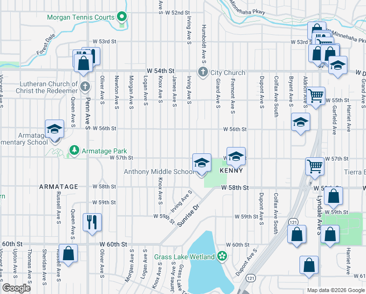 map of restaurants, bars, coffee shops, grocery stores, and more near 5612 Irving Avenue South in Minneapolis