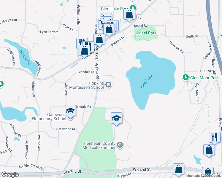 map of restaurants, bars, coffee shops, grocery stores, and more near 14409 Ferris Lane in Minnetonka