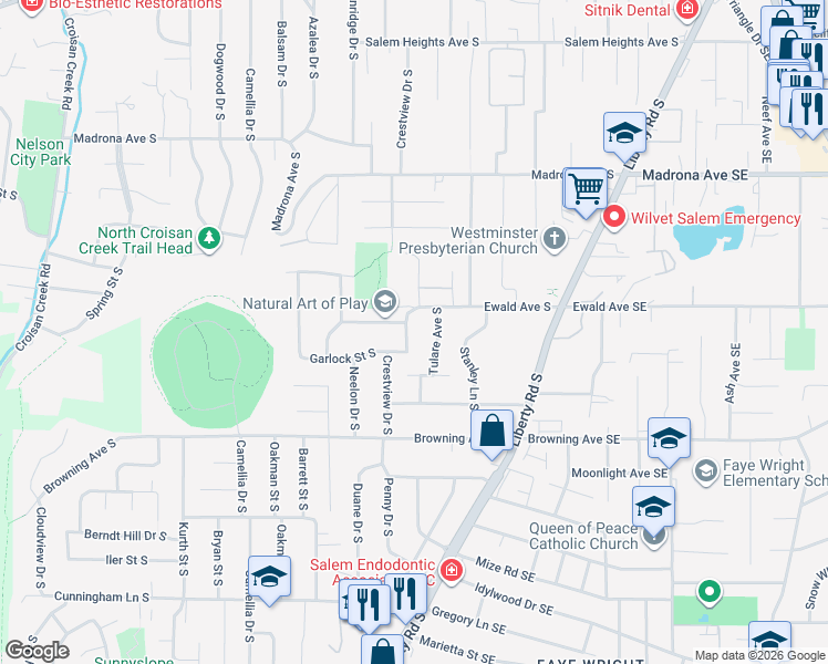 map of restaurants, bars, coffee shops, grocery stores, and more near 3810 Crestview Drive South in Salem