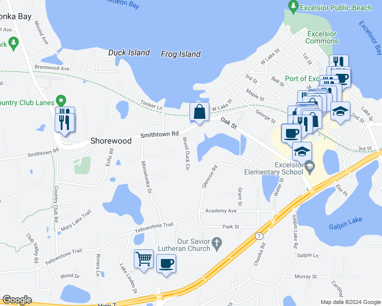 map of restaurants, bars, coffee shops, grocery stores, and more near 5665 Wood Duck Circle in Excelsior
