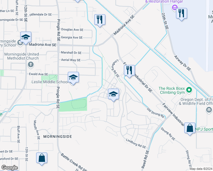 map of restaurants, bars, coffee shops, grocery stores, and more near 3847 Village Center Drive Southeast in Salem