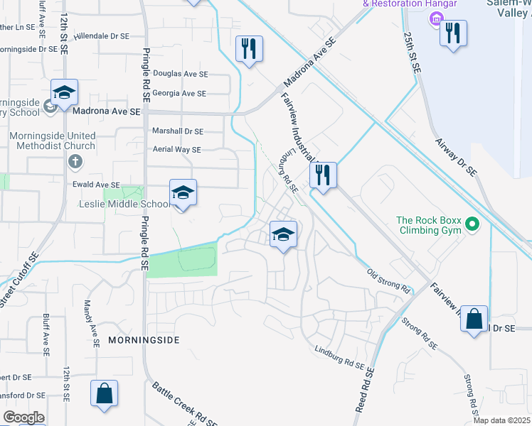 map of restaurants, bars, coffee shops, grocery stores, and more near 3847 Village Center Drive Southeast in Salem