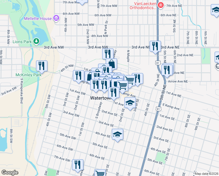 map of restaurants, bars, coffee shops, grocery stores, and more near 99 North Broadway in Watertown