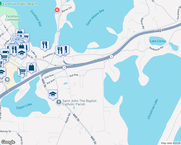 map of restaurants, bars, coffee shops, grocery stores, and more near 840 3rd Avenue in Excelsior