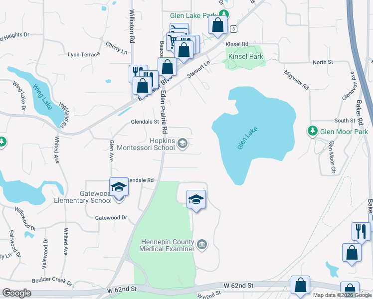 map of restaurants, bars, coffee shops, grocery stores, and more near 14409 Ferris Lane in Minnetonka