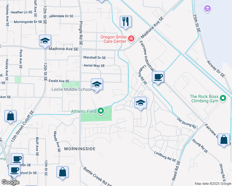 map of restaurants, bars, coffee shops, grocery stores, and more near 1864 John Muir Circle Southeast in Salem