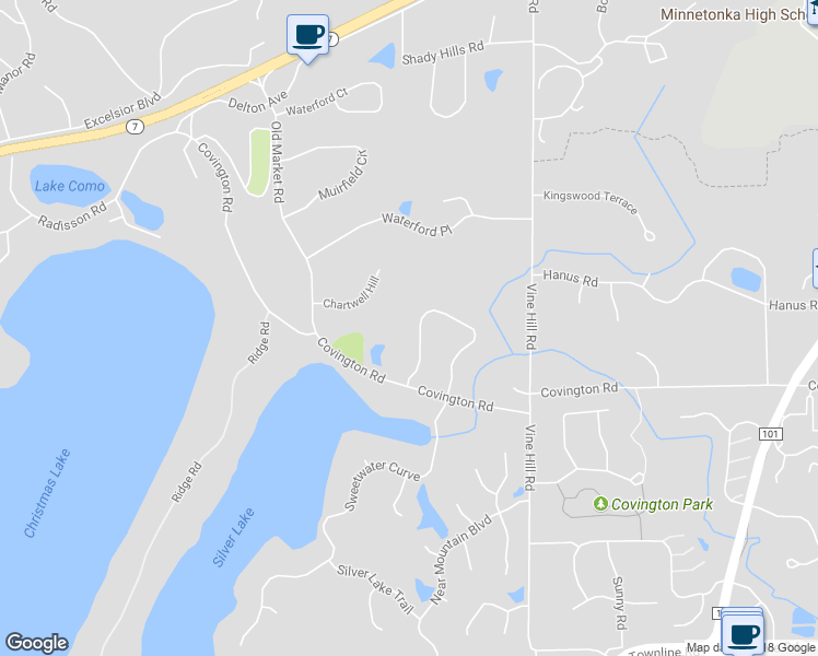 map of restaurants, bars, coffee shops, grocery stores, and more near 19535 Vine Ridge Road in Excelsior