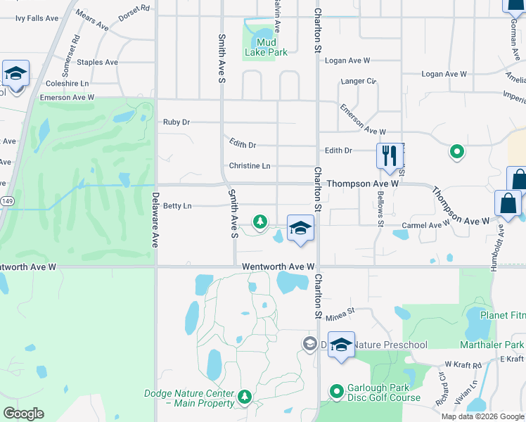 map of restaurants, bars, coffee shops, grocery stores, and more near 331 Betty Lane in Saint Paul