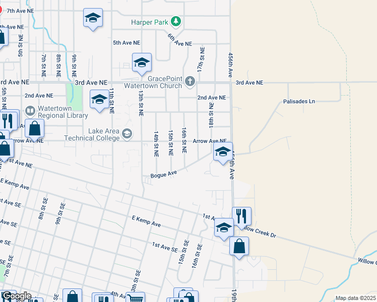 map of restaurants, bars, coffee shops, grocery stores, and more near 101-115 16th Street Northeast in Watertown