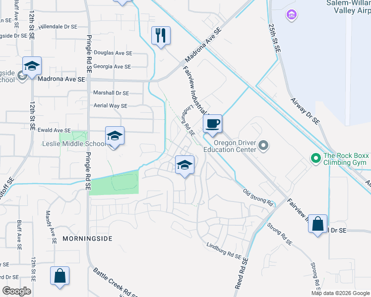 map of restaurants, bars, coffee shops, grocery stores, and more near 2135 Audubon Avenue Southeast in Salem