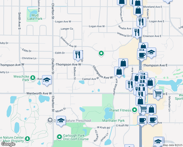 map of restaurants, bars, coffee shops, grocery stores, and more near 100 Thompson Avenue West in West Saint Paul