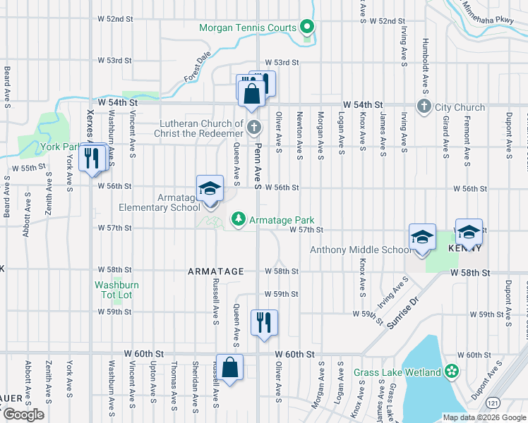 map of restaurants, bars, coffee shops, grocery stores, and more near 5619 Penn Avenue South in Minneapolis