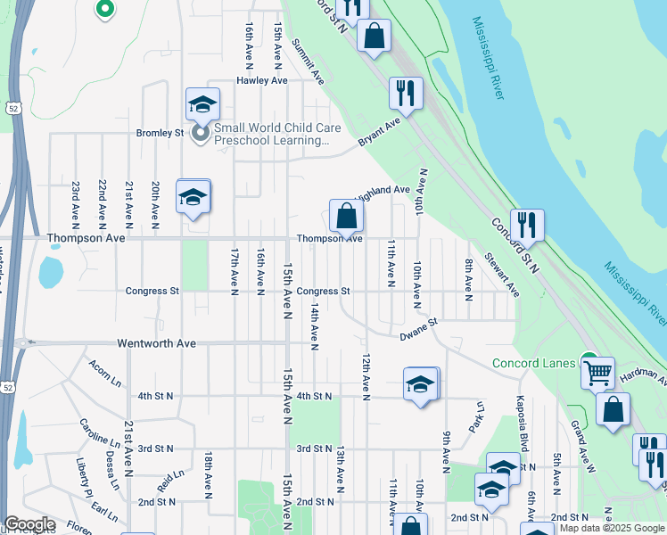 map of restaurants, bars, coffee shops, grocery stores, and more near 640 14th Avenue North in South Saint Paul