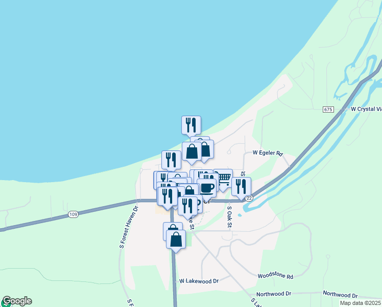 map of restaurants, bars, coffee shops, grocery stores, and more near 5000 South Sheridan Lane in Glen Arbor