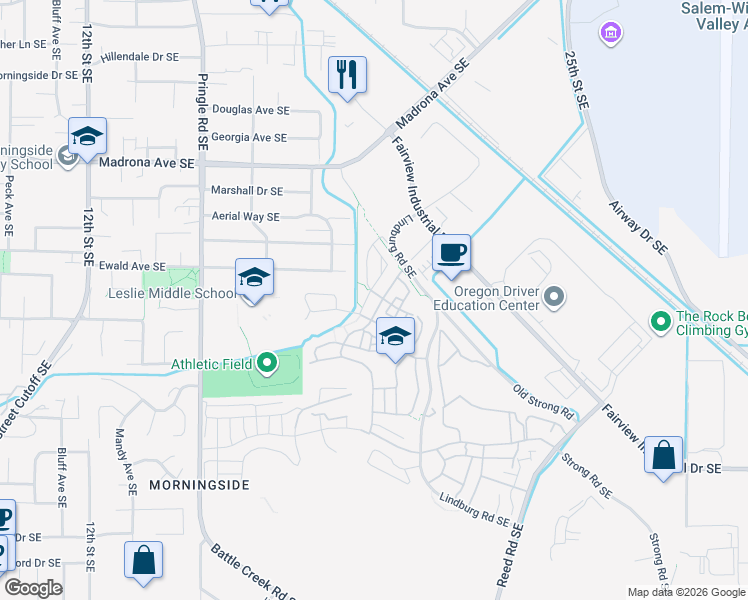 map of restaurants, bars, coffee shops, grocery stores, and more near 3817 Village Center Drive Southeast in Salem