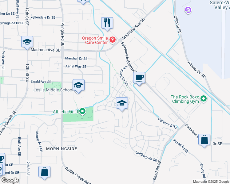 map of restaurants, bars, coffee shops, grocery stores, and more near 3771 Village Center Drive Southeast in Salem