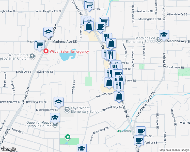 map of restaurants, bars, coffee shops, grocery stores, and more near 610 Ewald Avenue Southeast in Salem