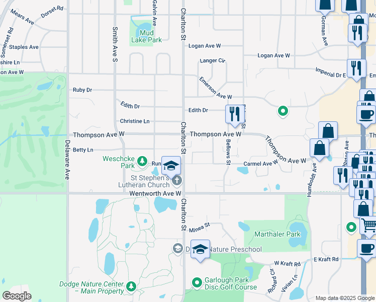 map of restaurants, bars, coffee shops, grocery stores, and more near 271 Betty Lane in Saint Paul