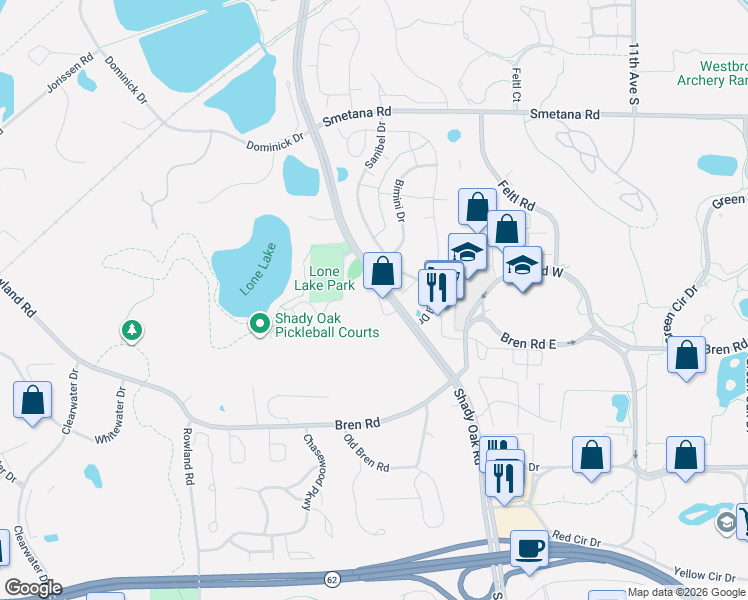 map of restaurants, bars, coffee shops, grocery stores, and more near 5734 Shady Oak Road in Minnetonka