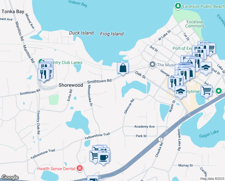 map of restaurants, bars, coffee shops, grocery stores, and more near 5620 Wood Duck Circle in Shorewood