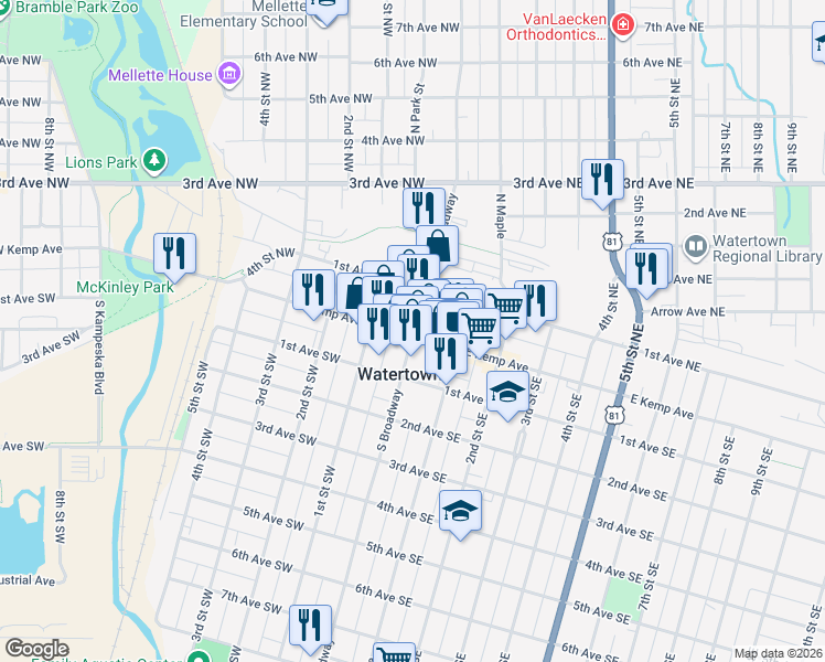 map of restaurants, bars, coffee shops, grocery stores, and more near 1-99 N Broadway in Watertown