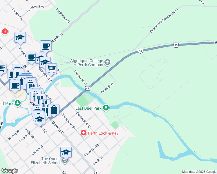 map of restaurants, bars, coffee shops, grocery stores, and more near Brock Street North in Perth