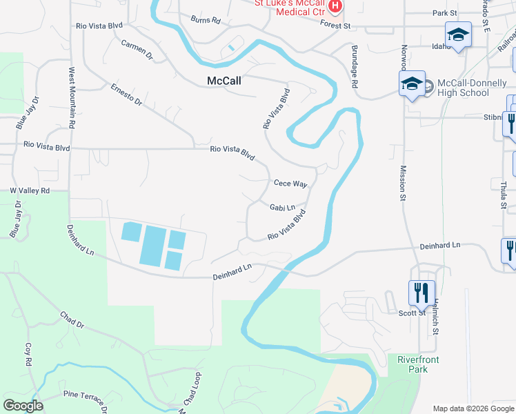 map of restaurants, bars, coffee shops, grocery stores, and more near 314 Gabi Lane in McCall