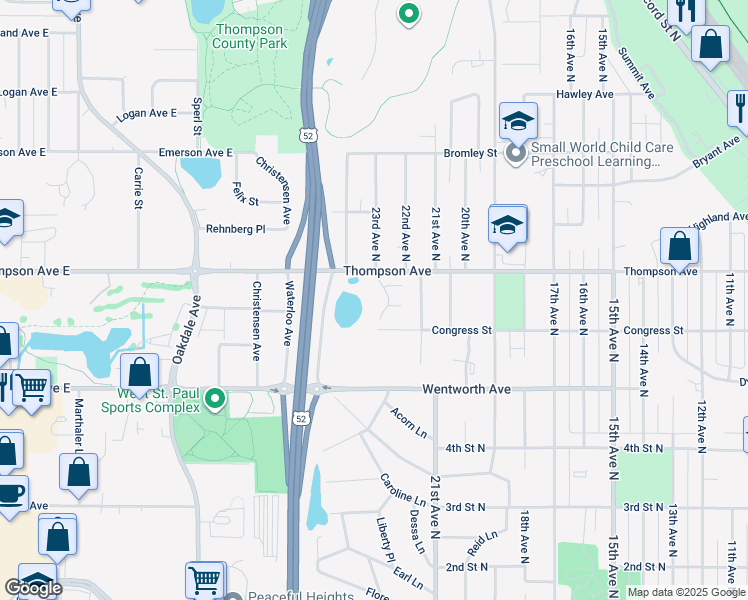 map of restaurants, bars, coffee shops, grocery stores, and more near 601 Levander Way in South Saint Paul