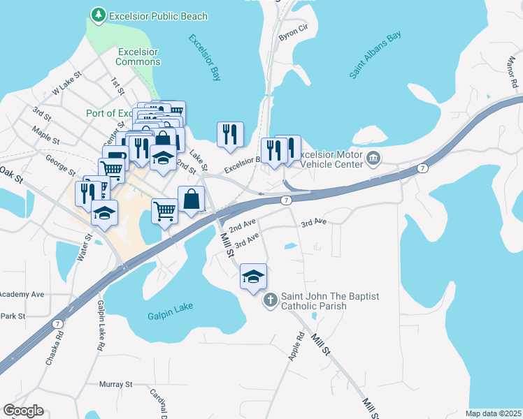 map of restaurants, bars, coffee shops, grocery stores, and more near 411 Division Street in Excelsior