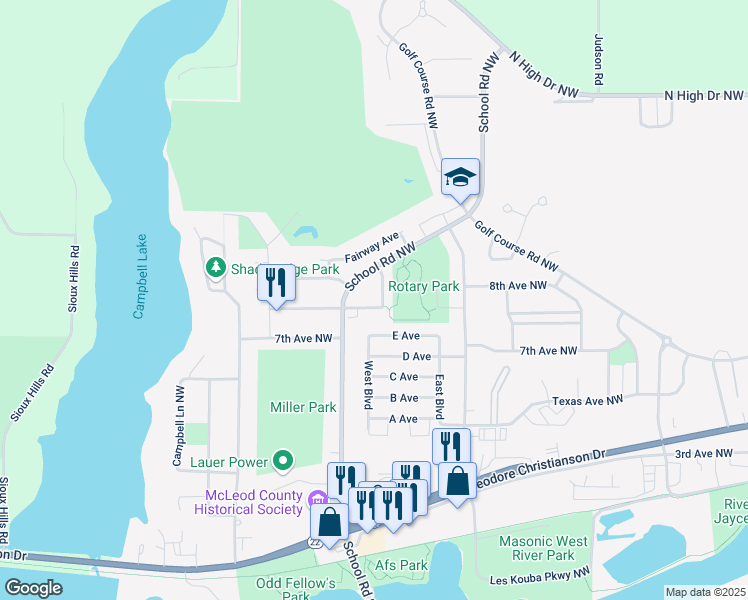 map of restaurants, bars, coffee shops, grocery stores, and more near 721 Arizona Street Northwest in Hutchinson