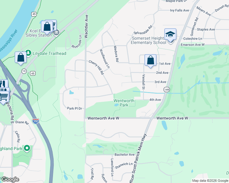 map of restaurants, bars, coffee shops, grocery stores, and more near 1480 Cherry Hill Road in Mendota Heights
