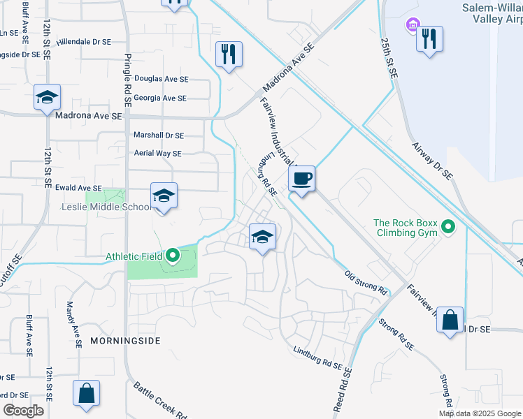 map of restaurants, bars, coffee shops, grocery stores, and more near 3771 Village Center Drive Southeast in Salem