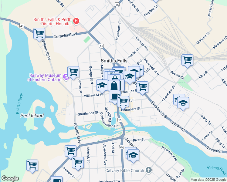 map of restaurants, bars, coffee shops, grocery stores, and more near 4 Russell Street East in Smiths Falls